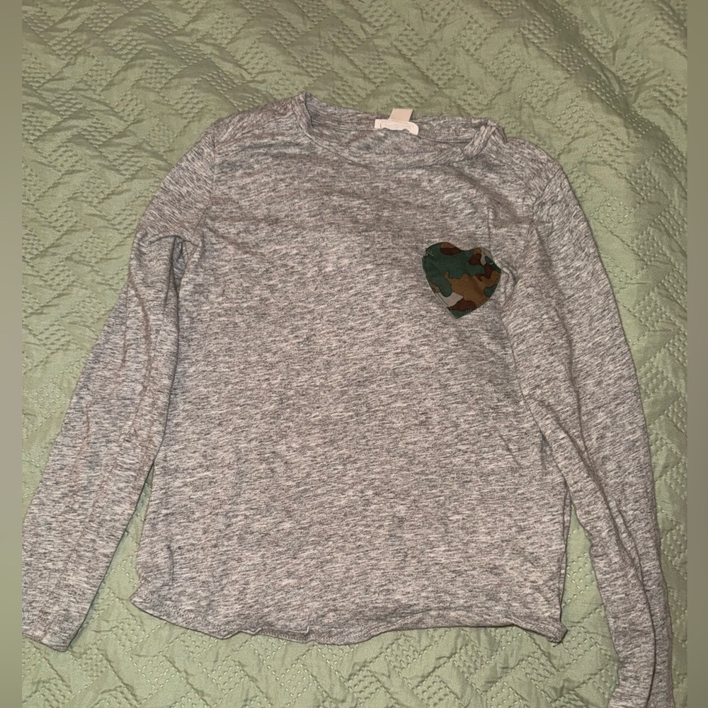 Crewcuts Heather Gray Long Sleeve Tee with Camo Heart Patch